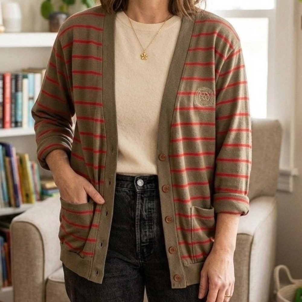 Tarazzia‎ Cardigan Olive Green Red Striped Vintage 90s Preppy Knit Sweater Small